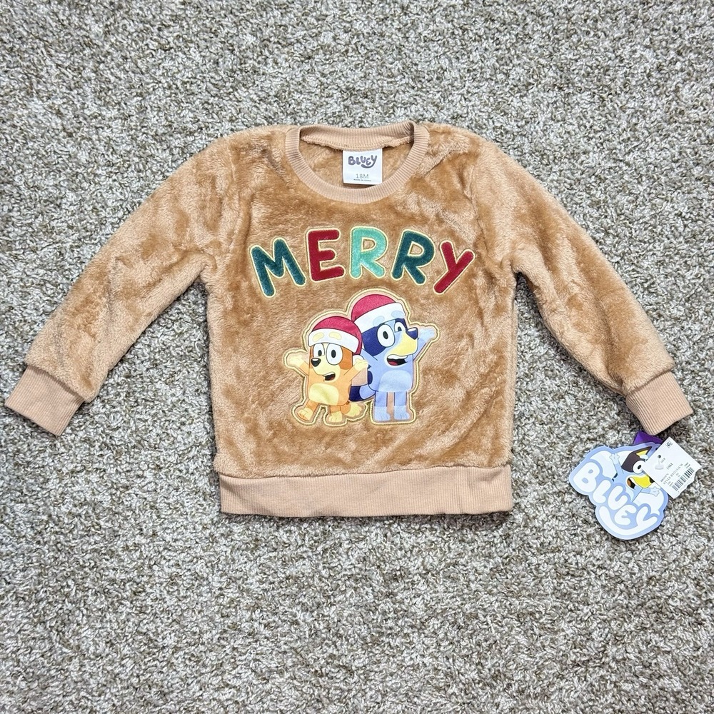 Bluey Bingo Baby Boys 18M Merry Christmas Fuzzy Plush Pullover Sweatshirt NWT
